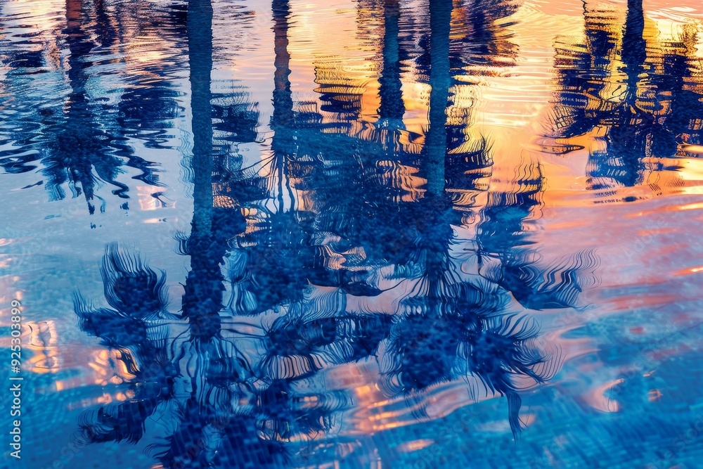 Aufkleber palm tree reflections in a pool of water, creating a mesmerizing visual effect, reflections of palm 