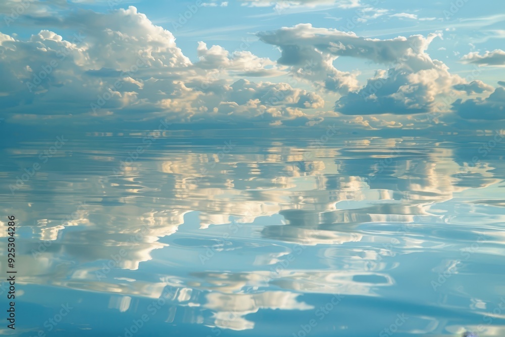 Poster a large body of water reflecting clouds in the sky, reflective clouds creating a mirror effect on th