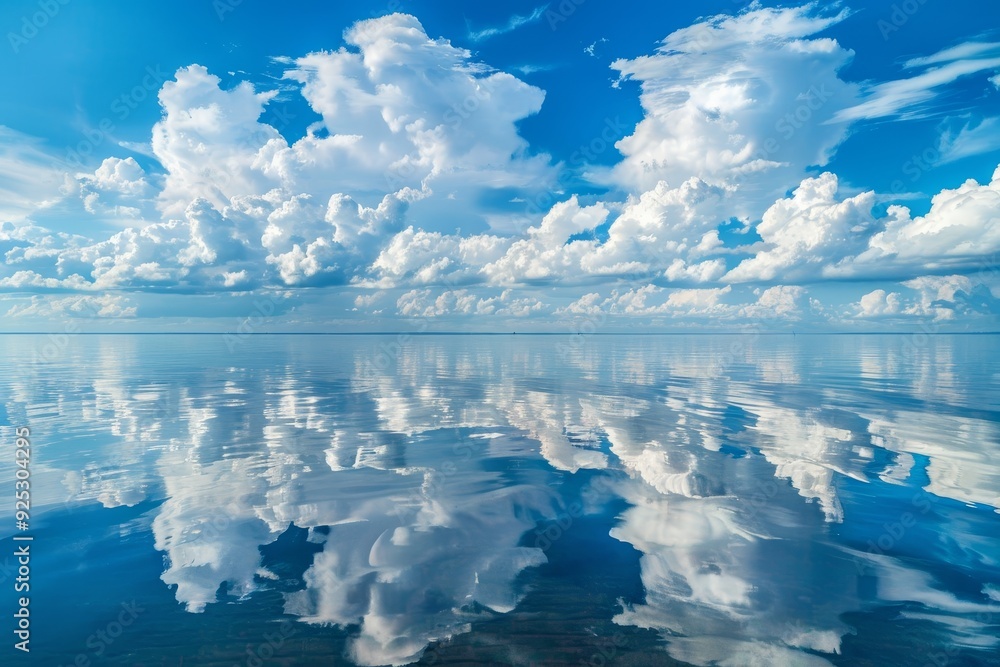 Poster a significant body of water mirroring the clouds in the sky, reflective clouds creating a mirror eff