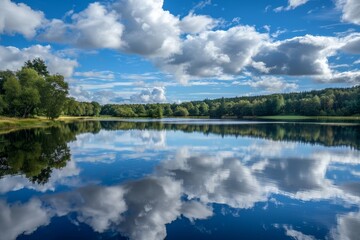 A vast expanse of water reflects the sky, encircled by a dense forest of trees, Reflections of the sky on a still lake