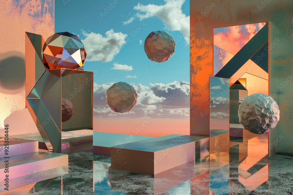 Aufkleber a collection of different shapes and sizes suspended in space, creating a visually intriguing scene,