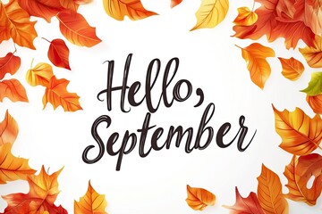 Fall illustration with leaves and pumpkins and the text "Hello September", lettering
