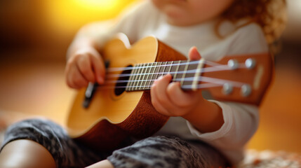Obraz premium A child’s hands delicately playing a small ukulele against a clean, bright backdrop. The close-up highlights the pleasure and creativity involved in making music. 