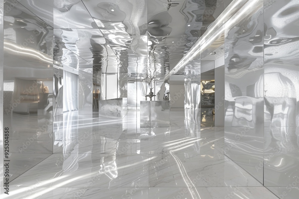 Poster a room filled with numerous mirrors reflecting light across the space, reflective surfaces bouncing 