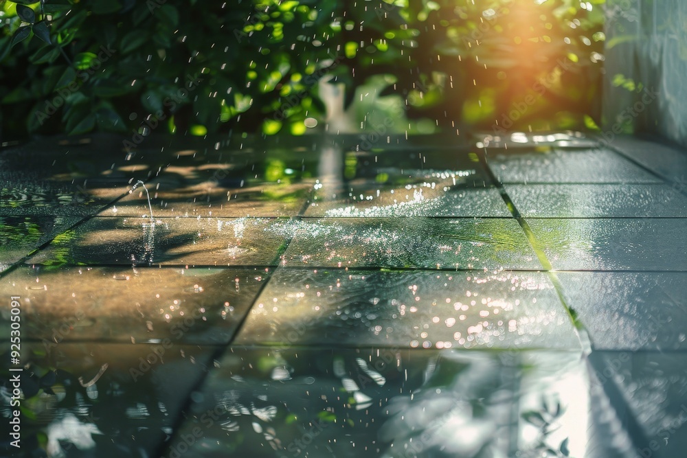 Poster sunlight filters through green leaves of a tree, creating a natural shimmering effect, reflective su