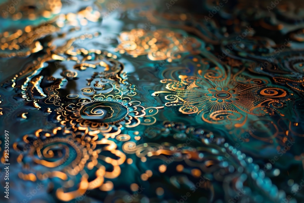 Poster A detailed close-up of a blue and gold table cloth with intricate patterns, Reflective surface with intricate patterns