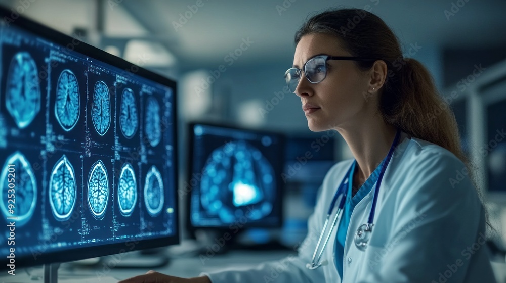 Poster A healthcare expert meticulously examines brain scans displayed on multiple screens, showcasing advanced technology in a serene, illuminated environment