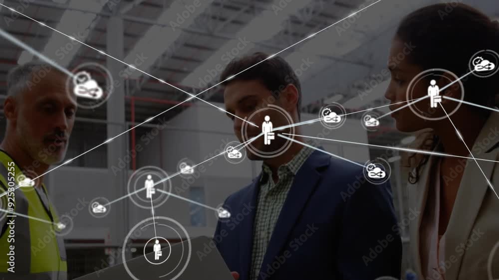Poster discussing business, diverse people with network connections and data processing animation
