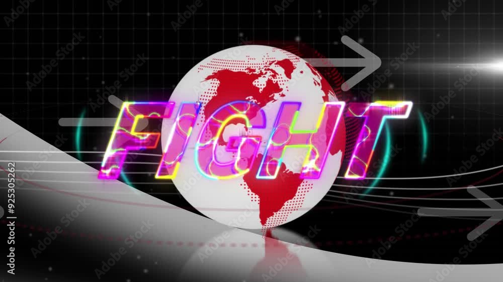 Poster fight text animation over globe with arrow and grid background