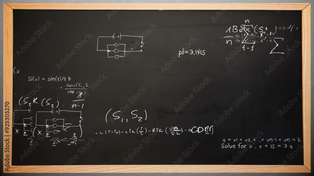 Poster mathematical equations and diagrams animation over blackboard with complex formulas