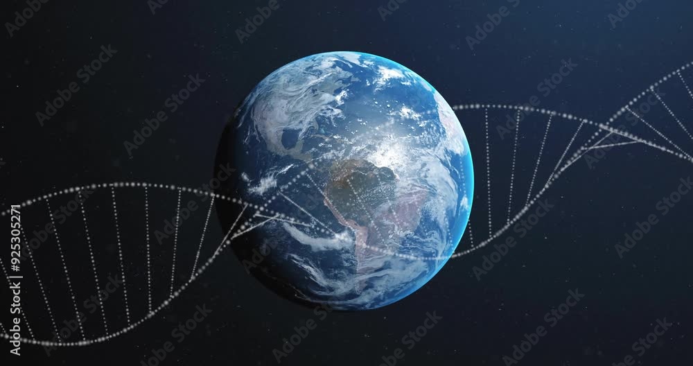 Poster rotating earth with dna strand animation in space background