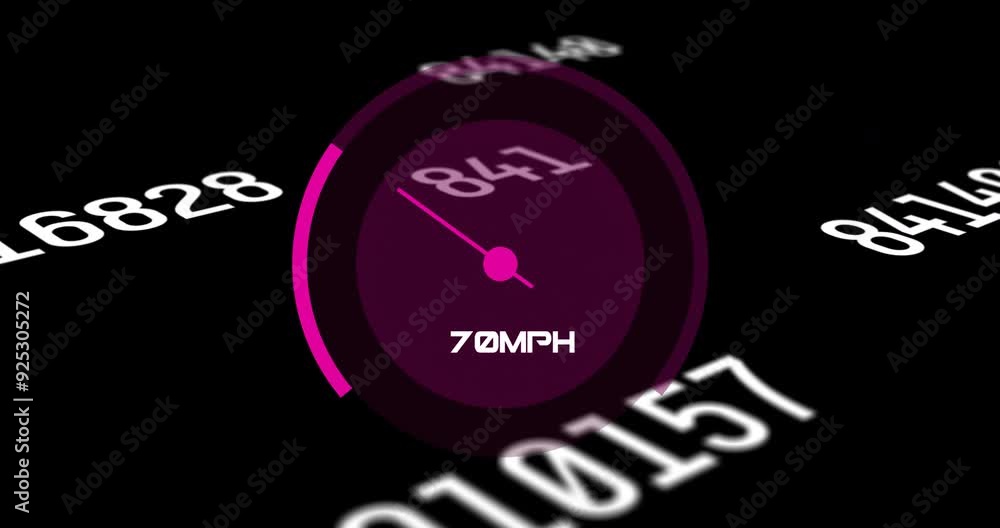 Poster speedometer showing 97 mph animation over moving numbers on black background