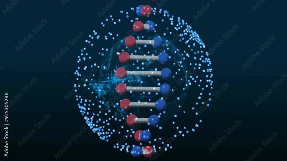 Poster dna strand and molecular structure animation over digital network background