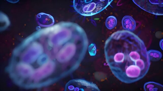 Scientific background under the microscope of various cells and microorganisms of the human body