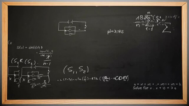 Mathematical equations and diagrams animation over blackboard with complex formulas