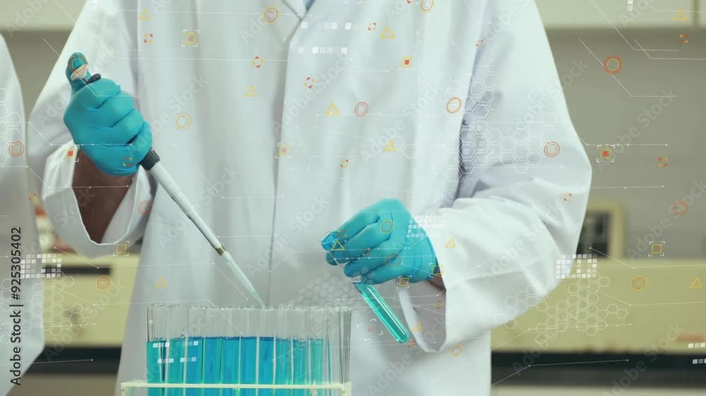 Poster handling test tubes and pipette, scientist analyzing data in laboratory scene