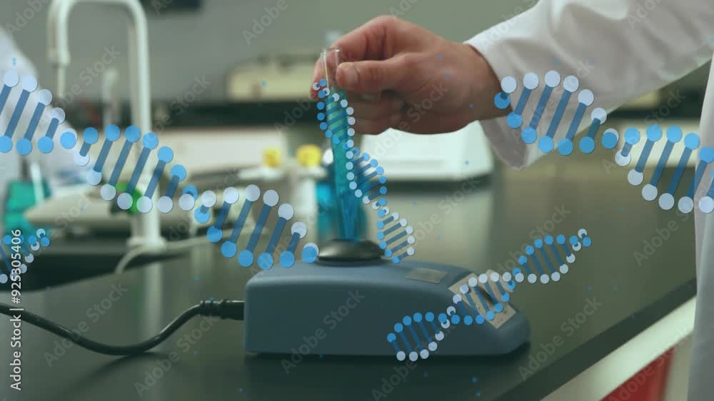 Poster animating dna strand over scientist working with laboratory equipment in lab
