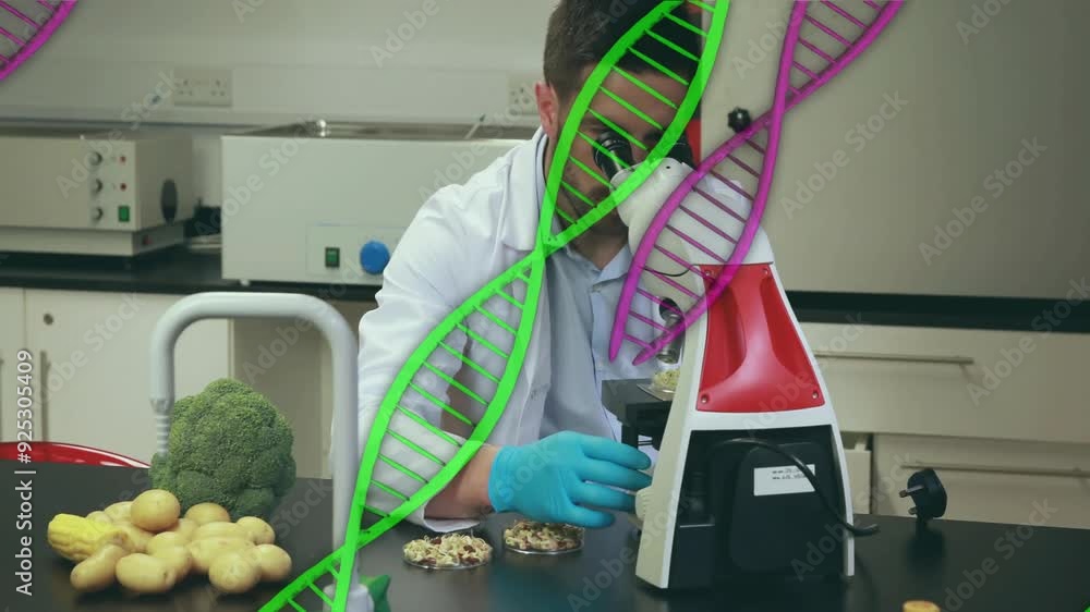 Poster scientist using microscope with dna strands animation over laboratory setting
