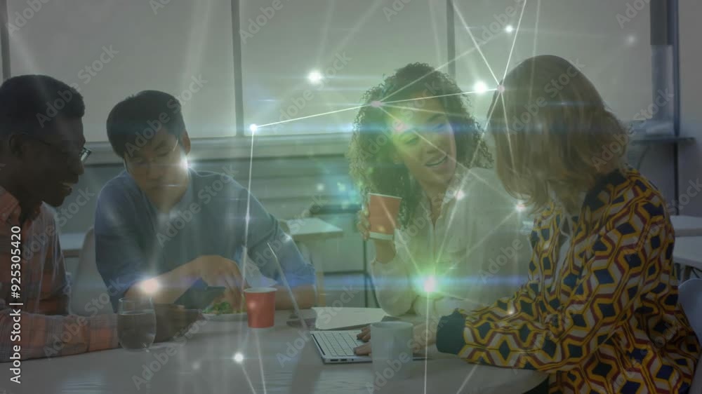 Poster discussing in office, diverse colleagues with network connections and data processing animation