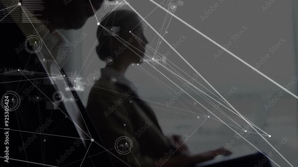 Poster data processing and network connections animation over business professionals using tablets