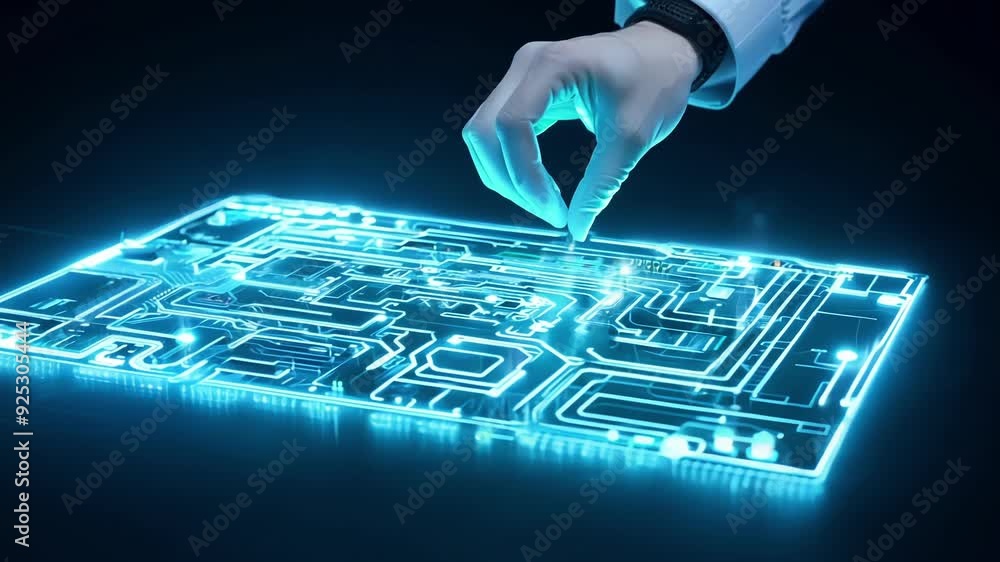 Poster the glowing circuit board seems to come to life under the ai robots touch its energy pulsing in rhyt