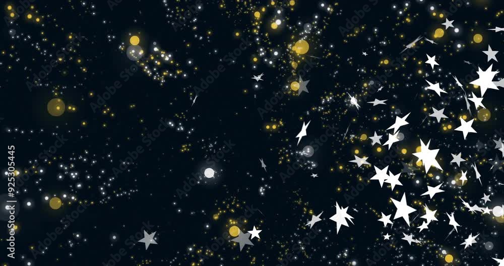 Poster stars and sparkles animation over dark background with glowing particles