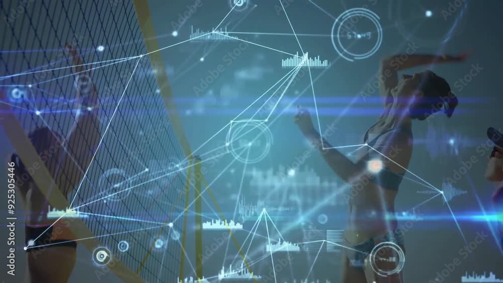 Poster network connections and data processing animation over volleyball players in action