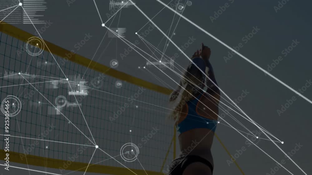 Poster network connections and data points animation over beach volleyball player
