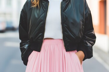 stylish woman wearing long skirt and street style sport 90s style man's bomber jacket