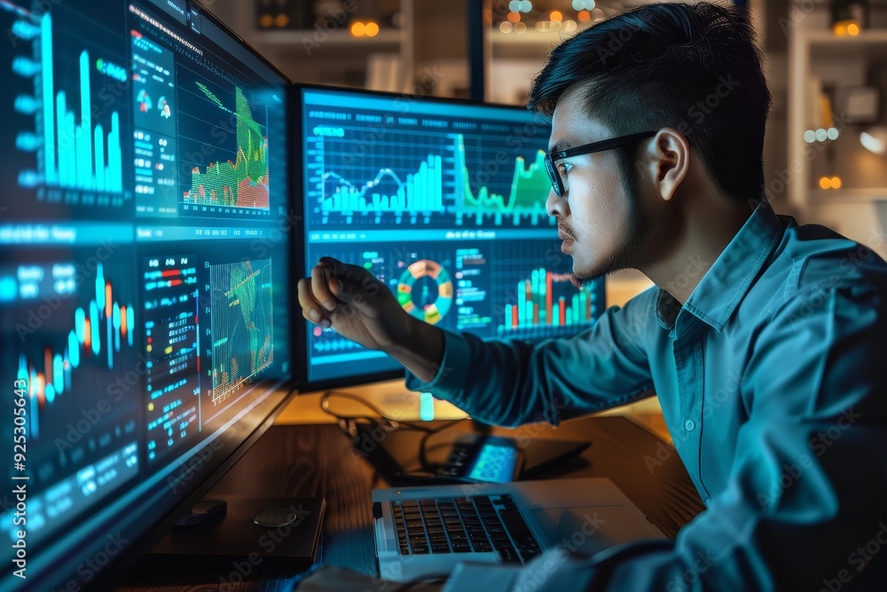 Poster a man focused on analyzing data displayed on a computer screen, reflect on the significance of analy