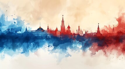 A large Russian flag with bold white, blue, and red colors, rippling softly in watercolor style, set against a light background that subtly incorporates the silhouette of the Kremlin,