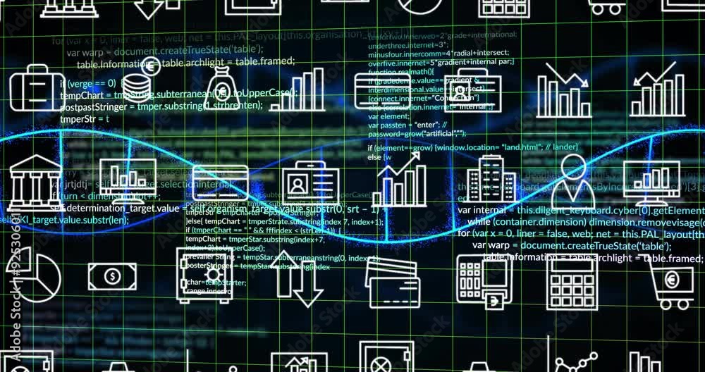 Poster data processing and analytics icons animation over grid with programming code