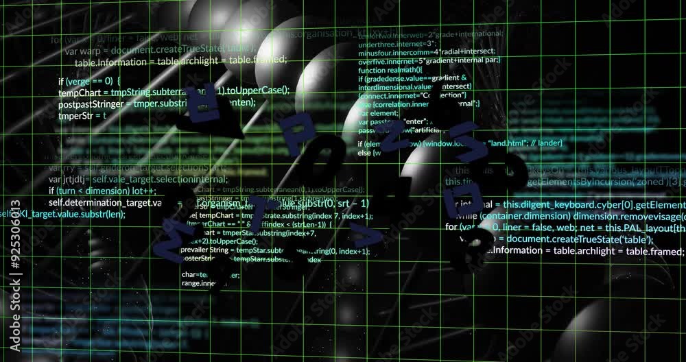Poster programming code and letters animation over grid and abstract shapes background