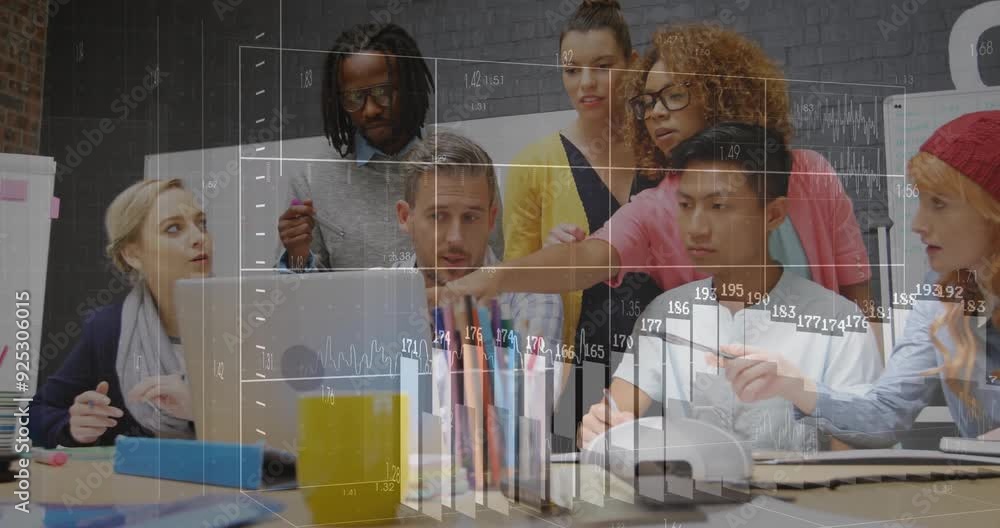 Poster analyzing data charts animation over diverse team collaborating in office