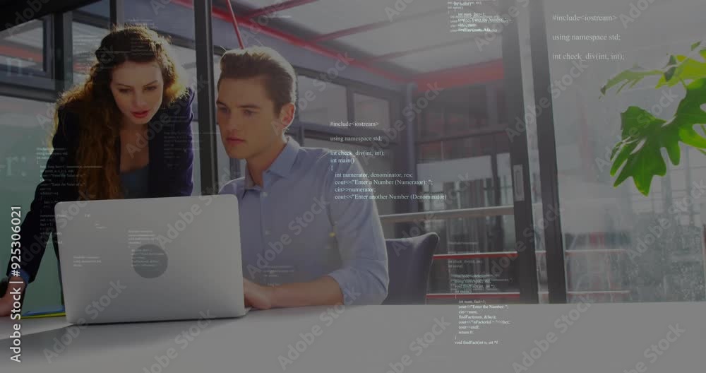 Poster programming code animation over business professionals working on laptop in office