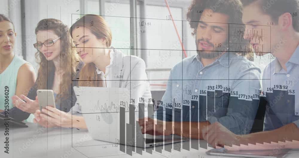 Poster business data charts animation over diverse team working on laptops and tablets