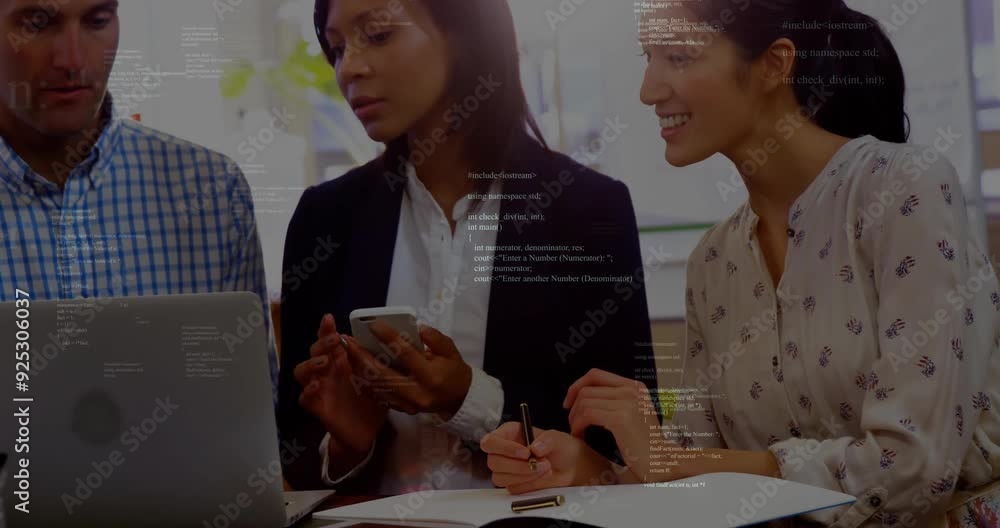 Poster programming code animation over business people collaborating with laptop and smartphone
