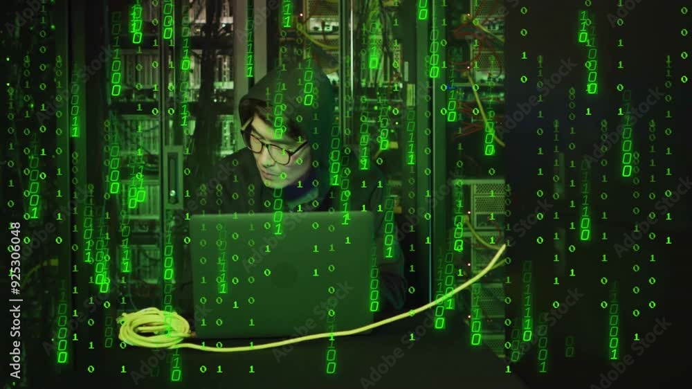 Poster hooded person using laptop over green binary code animation in server room