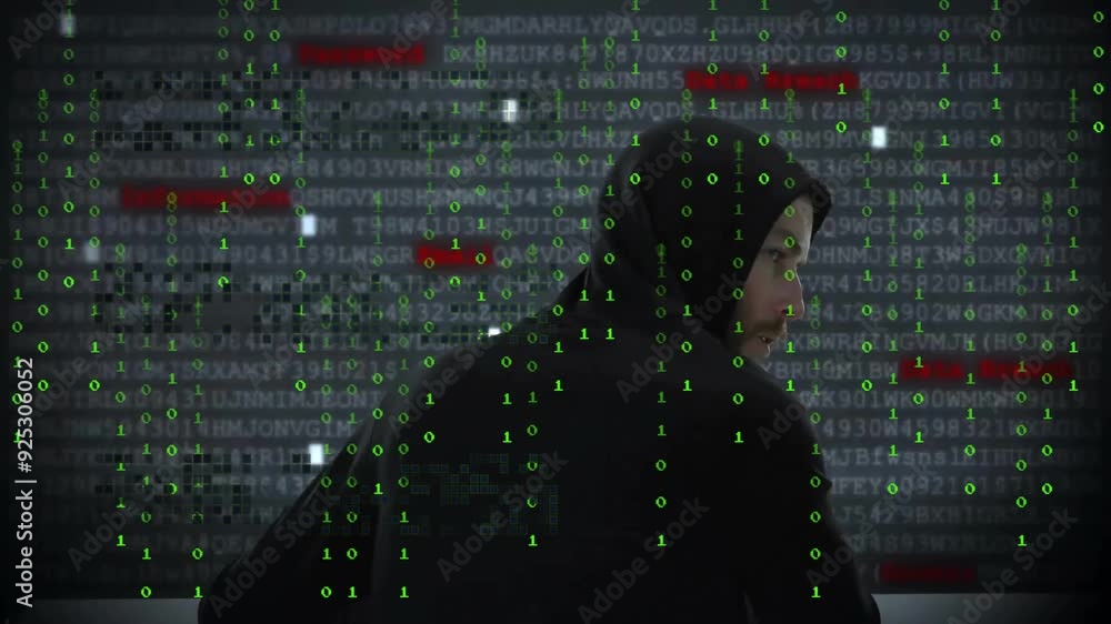 Aufkleber hacker in hoodie with binary code and data breach animation over background