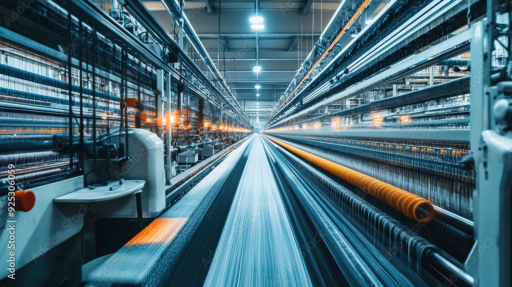 Poster modern textile factory with automated weaving machines in action, threads moving swiftly
