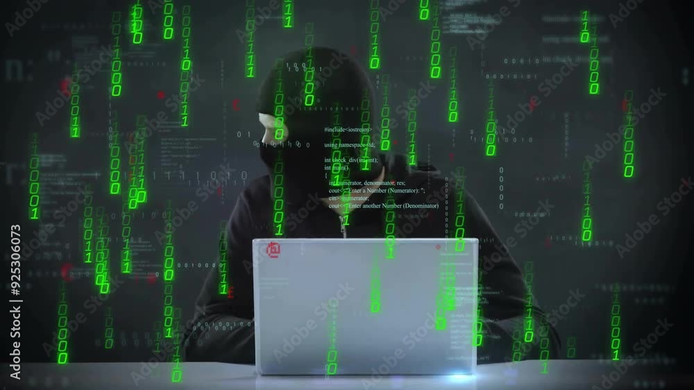 Aufkleber hacker working on laptop with green binary code animation over dark background