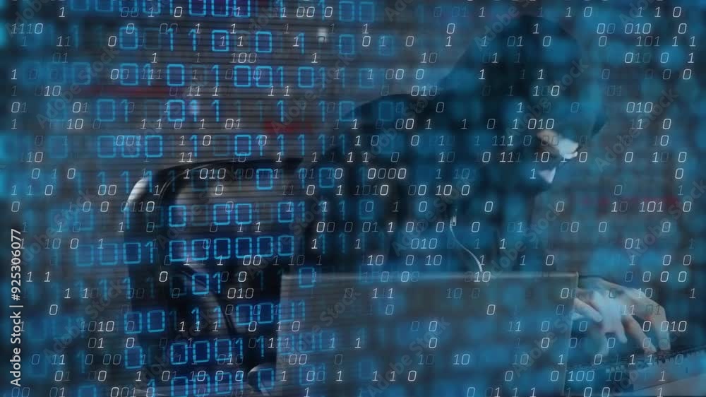 Poster binary code animation over person typing on keyboard in dark room