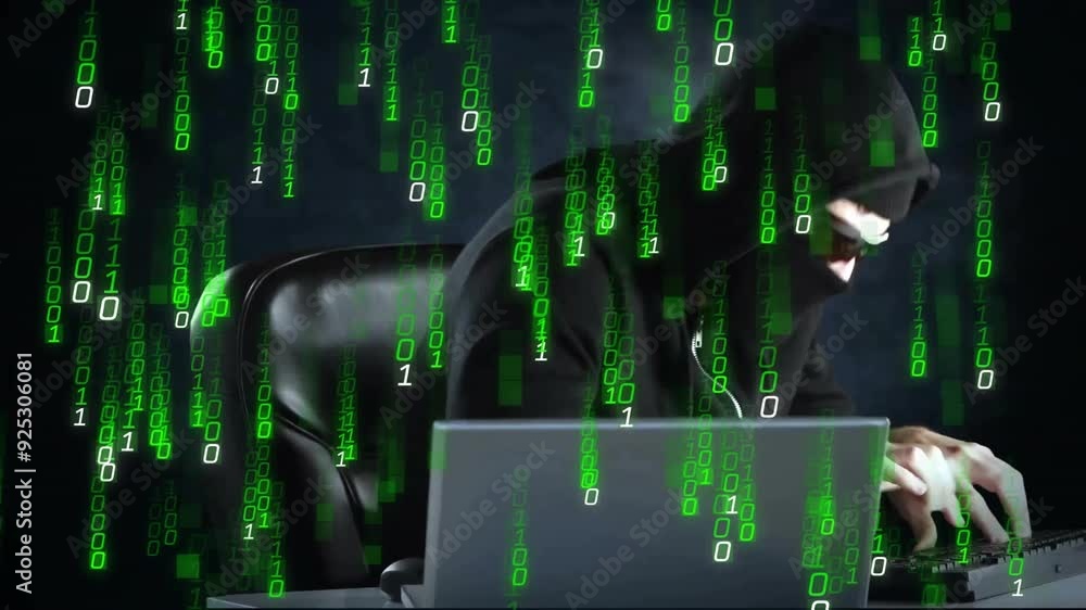 Aufkleber hacker in hoodie using laptop over green binary code animation