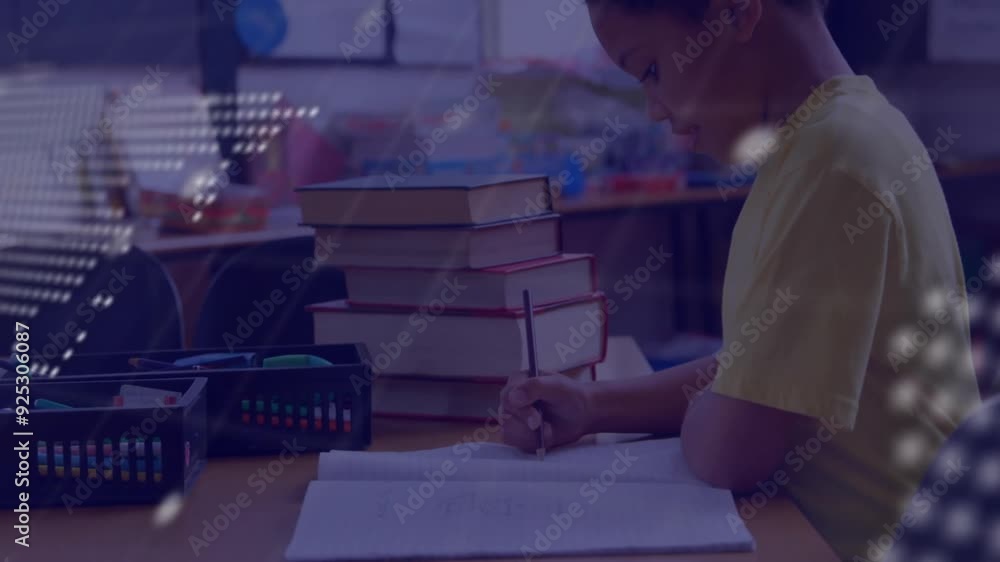 Poster in school, child studying at desk with books, coding animation on computer