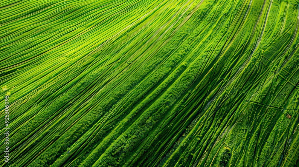 Poster aerial view of a vast green farmland with neat rows of crops.