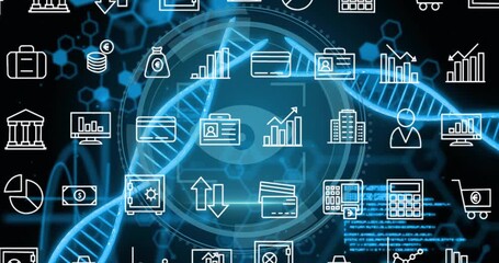 Financial data and technology icons animation over DNA strand background - Powered by Adobe