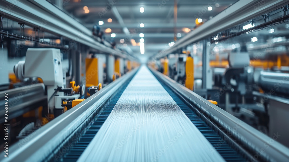 Poster modern textile factory with automated weaving machines in action, threads moving swiftly