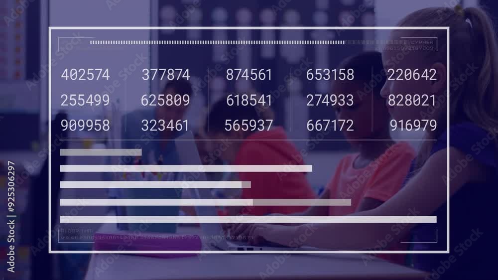 Poster in school, children using laptops for data processing with numbers and bars animation