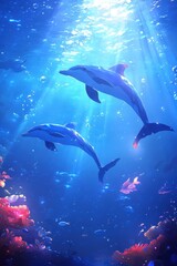 Fototapeta premium Serene underwater adventure with dolphins amidst vibrant marine life