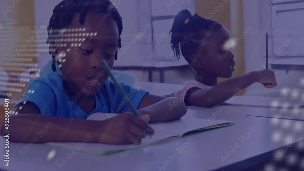 Poster children writing in classroom with digital data processing animation over them